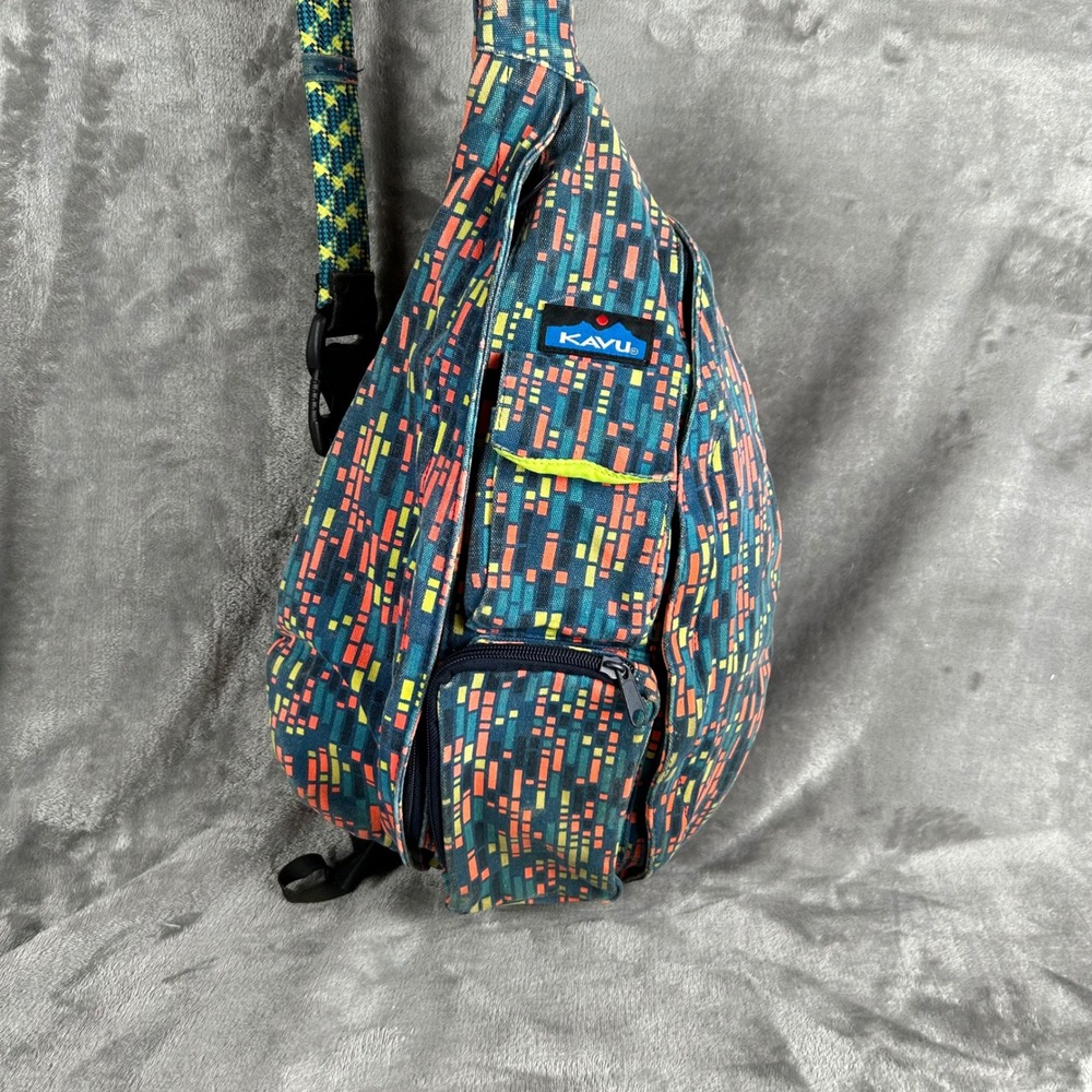 Kavu Rope Bag Sling Backpack Geometric Digital Print Teal Orange Canvas
